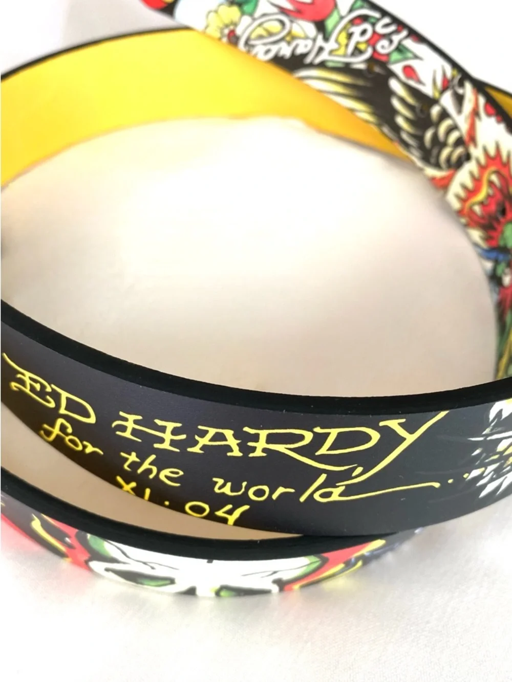 Ed Hardy Reversible Mens Belt 36 Tattoo Graphic Black Yellow Dragon Buckle NWT
